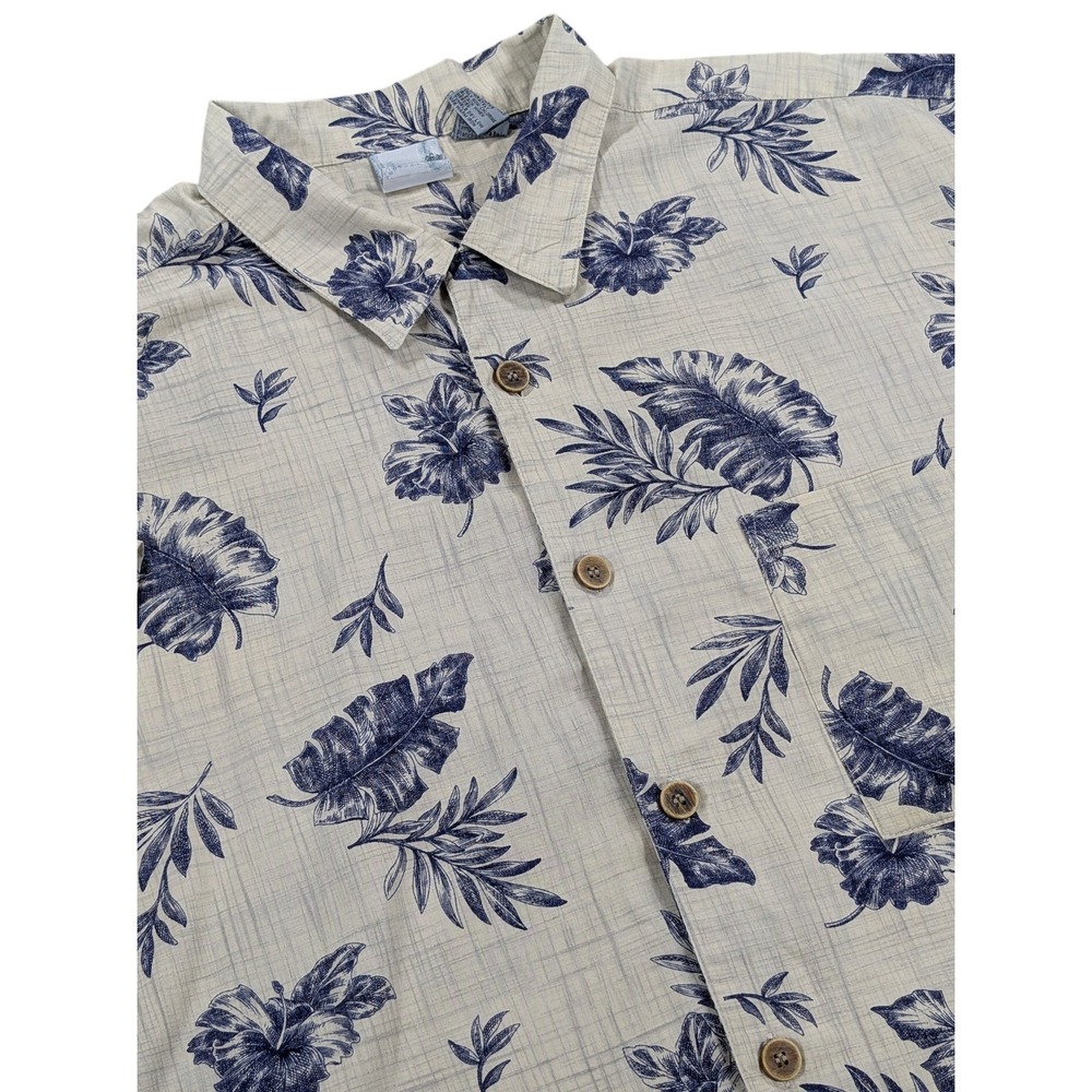 OP Ocean Pacific Shirt Mens XXL Beige Blue Floral Hawaiian Aloha Camp Y2K VTG